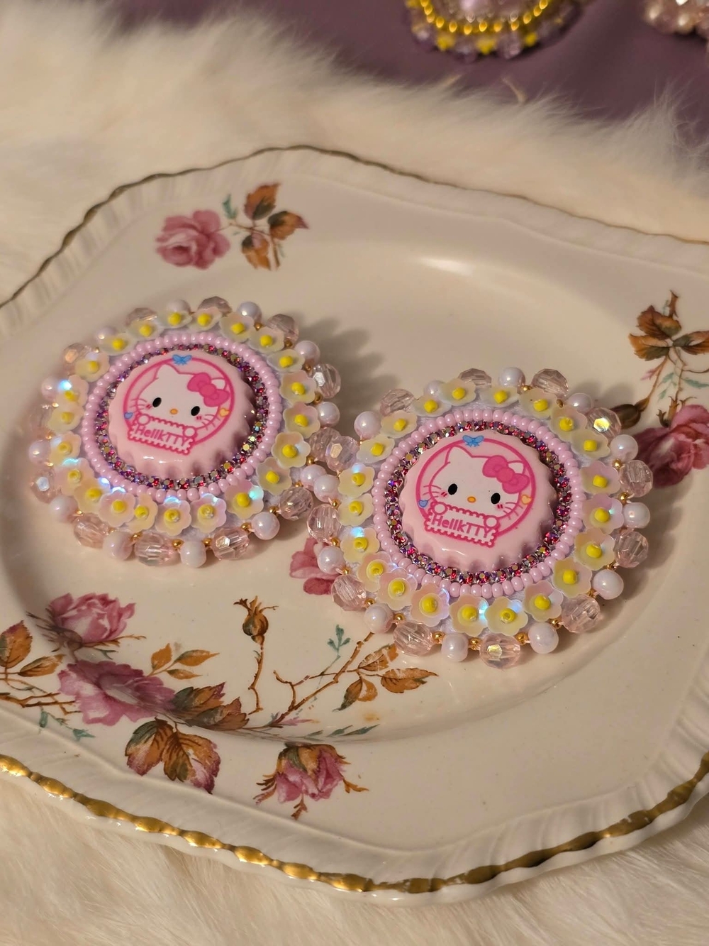 Hello Kitty Pink Yellow Beaded Earrings